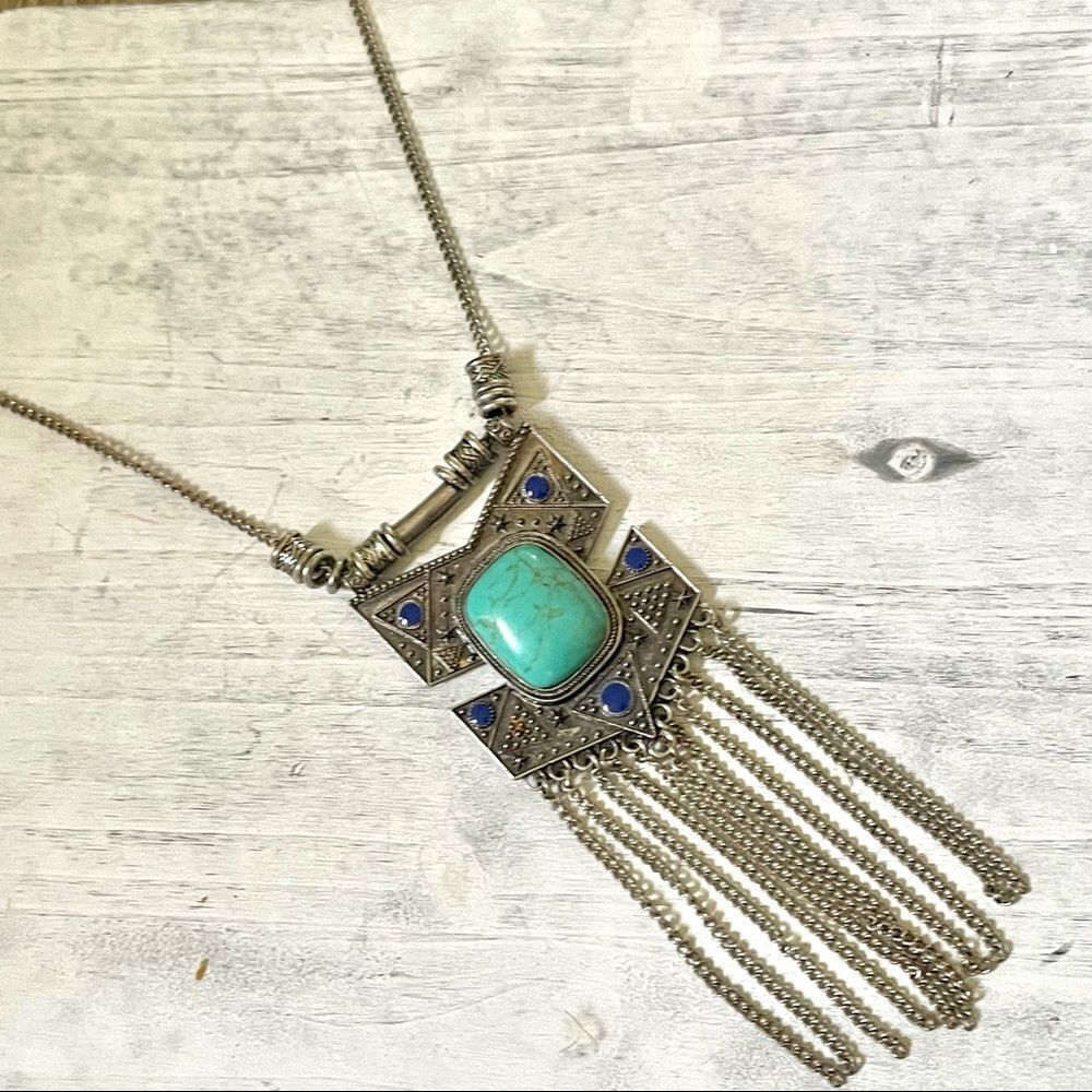 Long Faux turquoise and blue stone large pendant necklace